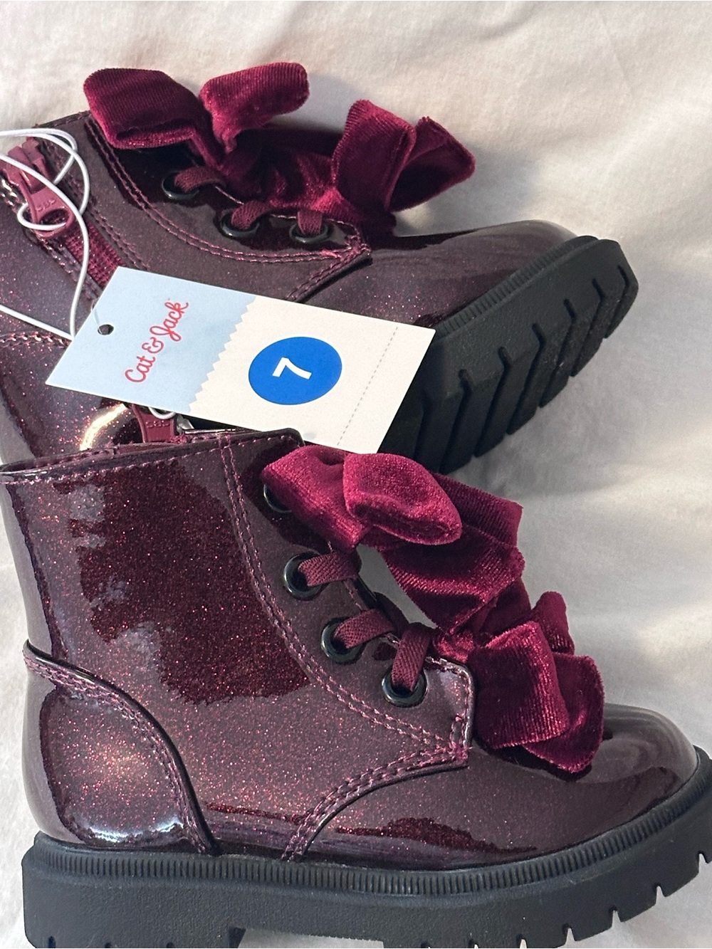 Cat & Jack Girls' Burgundy Glitter Velvet Bow Combat Boots